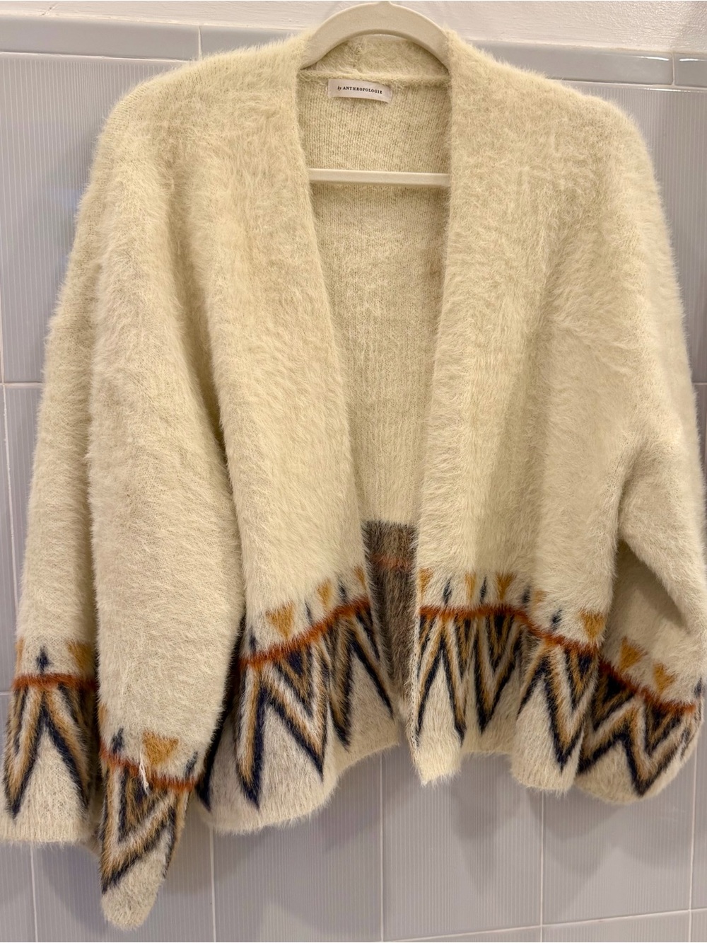 Anthropologie Cream Fuzzy Open-Front Cardigan with Geometric Trim